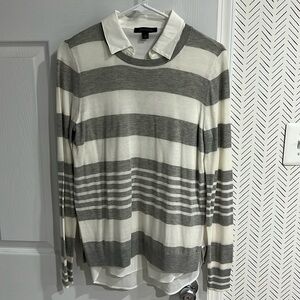 Grey and Off-White Striped Sweater with Built in Collared Shirt